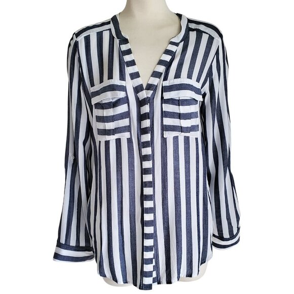 a.n.a  Gray & White Lightweight Long /Roll Tab Sleeve Striped Long line Shirt S - Picture 2 of 16